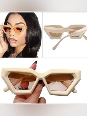 🔥🔥🆕Stylish Geometric  Creamy Beige Kat Eye  Sunglasses